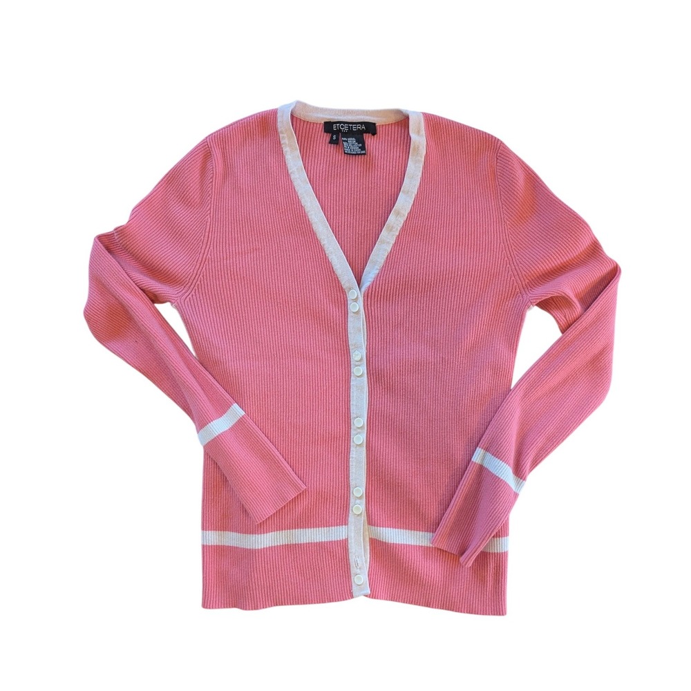 Pink Ribbed Knit Cardigan Sweater V-Neck White Trim Small‎ Womens Cotton Ballet